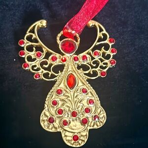 New Gold Tone Filigree Ruby Colored Encrusted Rhinestone Angel Ornament